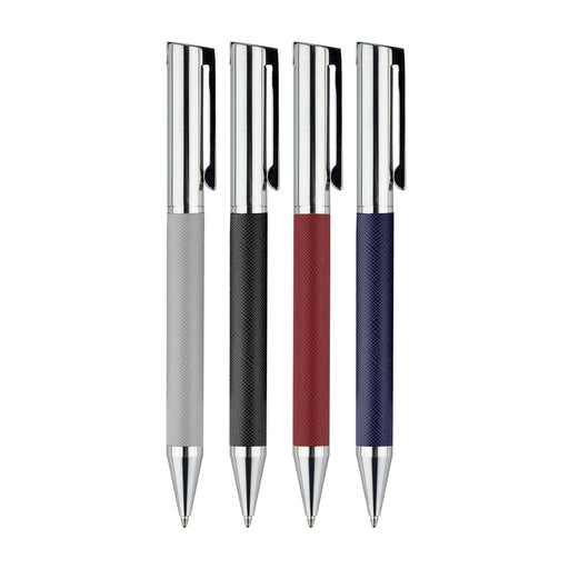 Geneva Metal Pen - A set of four Geneva Metal Pens in grey, black, red, and navy, featuring a textured grip and chrome accents.