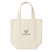 Mini Canvas Tote - A cream-coloured mini canvas tote with two handles and a front pocket. It features a logo on the front.