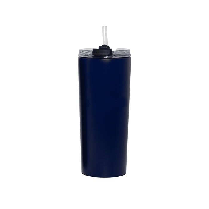 The Connor 600ml Vacuum Tumbler - A drink bottle featuring a navy blue finish with a lid and straw, designed for vacuum insulation.