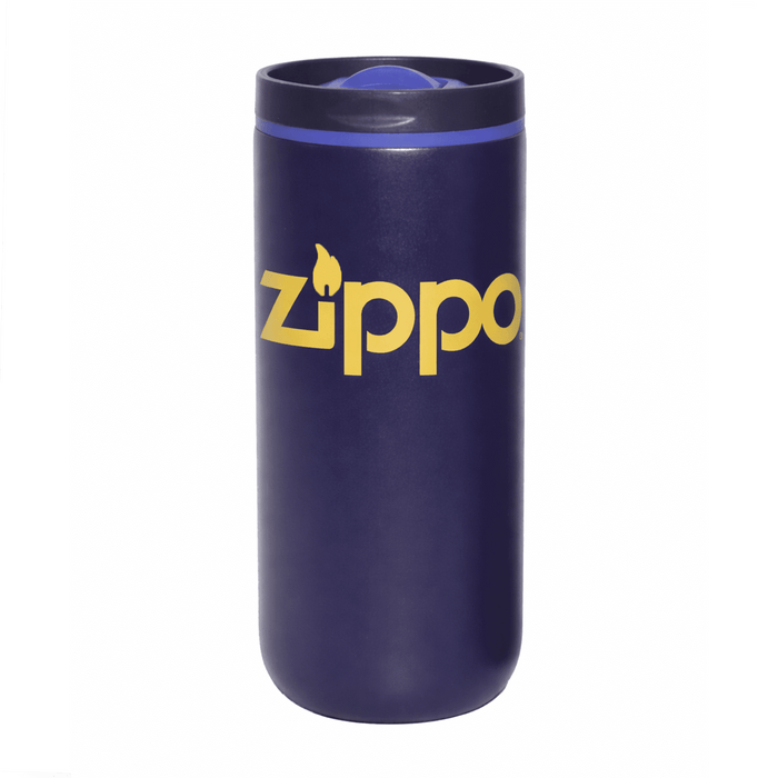 The Siena 450ml Vacuum Tumbler - A drink bottle featuring a dark purple finish, with a logo on the side and a secured lid.