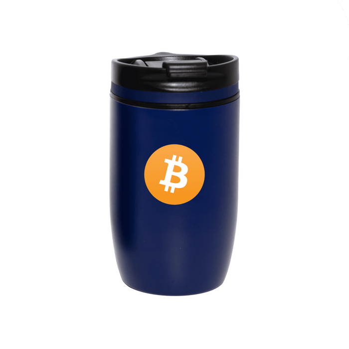 The Roamer 300ml Vacuum Cup - A drink bottle in navy blue with a black lid and a logo featuring a Bitcoin symbol.