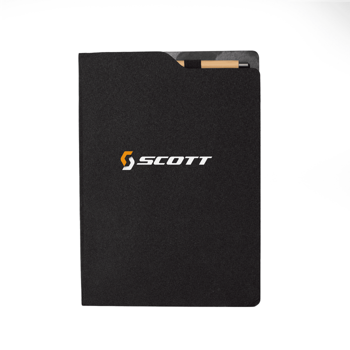 SunScribe Notebook (A4) - A black A4 notebook with a logo, featuring a sleek cover and a side pocket for cards.