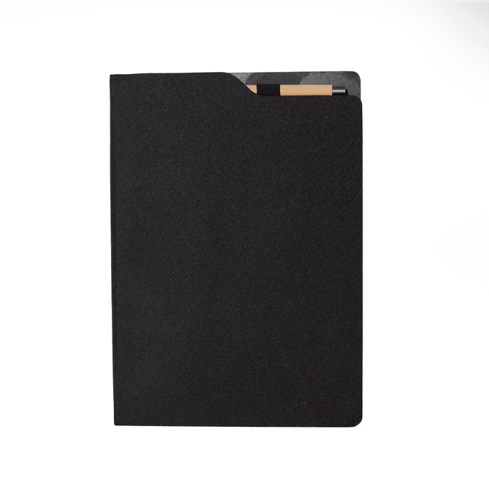 SunScribe Notebook (A4) - A black A4 notebook featuring a sleek design with a pocket and an interior insert for holding cards.