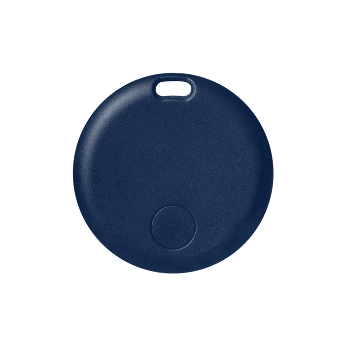 SeekTag Factory Direct - A round, navy blue tag with a central raised circle and a top loop for attachment.