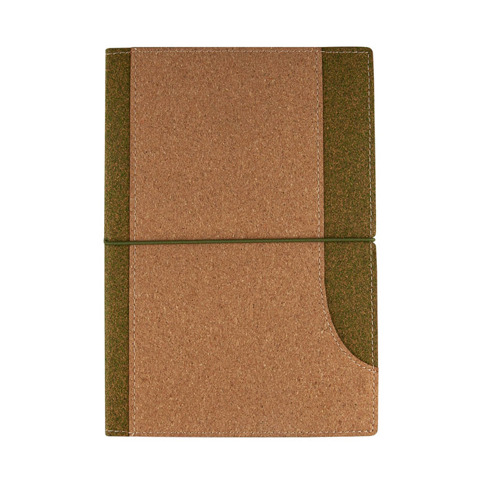 Tea Leaves and Cork Notebook - A cork notebook featuring a brown cover with a green accent, secured with an elastic band. It has a logo on the front.