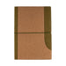 Tea Leaves and Cork Notebook - A cork notebook featuring a brown cover with a green accent, secured with an elastic band. It has a logo on the front.