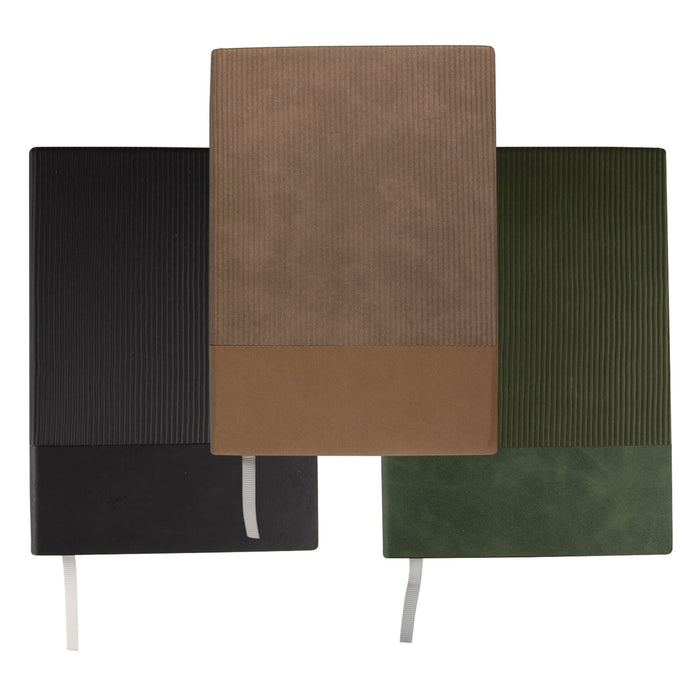 Murica Notebook B5 - A set of three notebooks in black, brown, and green, featuring textured covers and ribbon bookmarks. Each has a logo.