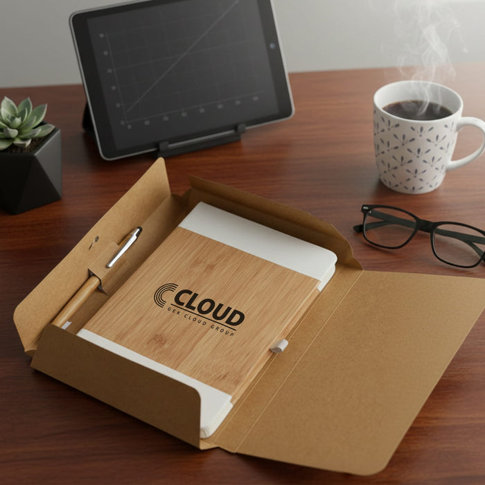Cardboard Notebook Gift Box - A cardboard gift box containing a bamboo notebook, pen, tablet, coffee cup, glasses, and a small plant.