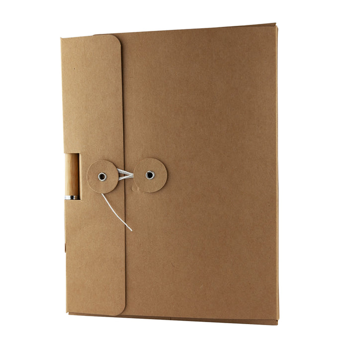 Cardboard Notebook Gift Box - A cardboard notebook gift box in brown, featuring a tie closure and a pen attached.