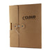 Cardboard Notebook Gift Box - A cardboard notebook gift box in brown with an attached pen and a logo present on the front.