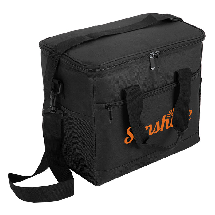Large Nylon Cooler Bag - A large black nylon cooler bag with mesh sides and a shoulder strap, featuring a logo on the front.