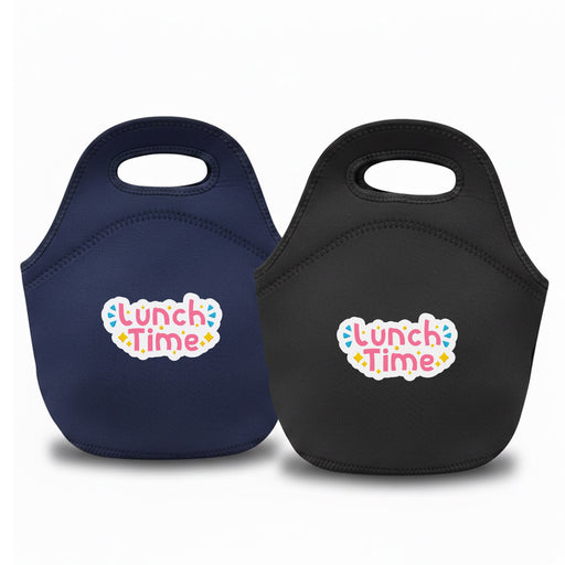 Neoprene Lunch Bag - A neoprene lunch bag in navy and black, featuring a logo on the front.