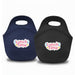 Neoprene Lunch Bag - A neoprene lunch bag in navy and black, featuring a logo on the front.