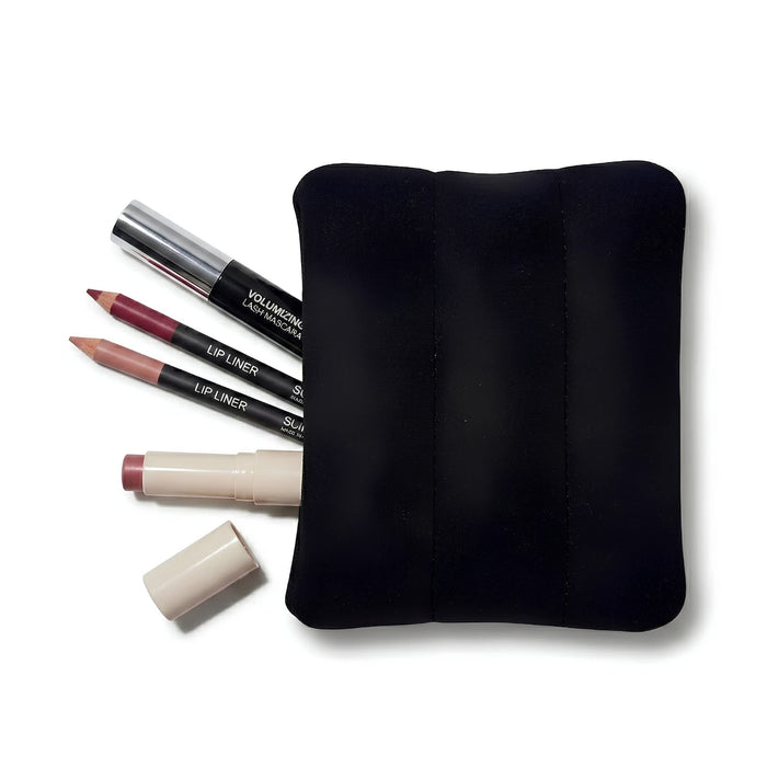 Bubble Neoprene Cosmetic Bag - A black neoprene cosmetic bag with three lip liners and a lipstick beside it. The bag has a simple design and a logo.