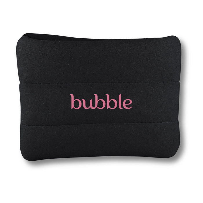 Bubble Neoprene Cosmetic Bag - A black neoprene cosmetic bag featuring a logo in pink, with a smooth, cushioned texture.