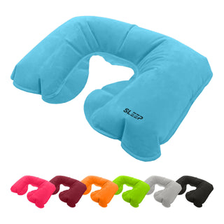 Doux Travel Neck Pillow - A turquoise travel neck pillow shaped for comfort, featuring a logo and available in multiple colours.