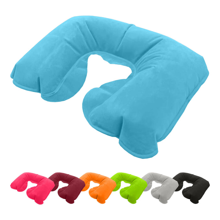 Doux Travel Neck Pillow - A blue travel neck pillow with a U-shaped design, featuring a soft texture and multiple colour options displayed below.