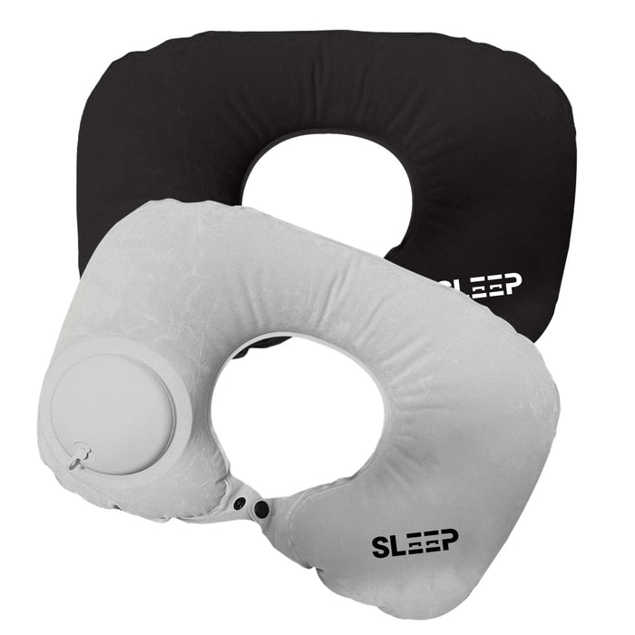 Jodie Inflatable Neck Pillow - A black and a grey Jodie inflatable neck pillow with a circular valve and a logo on each pillow.