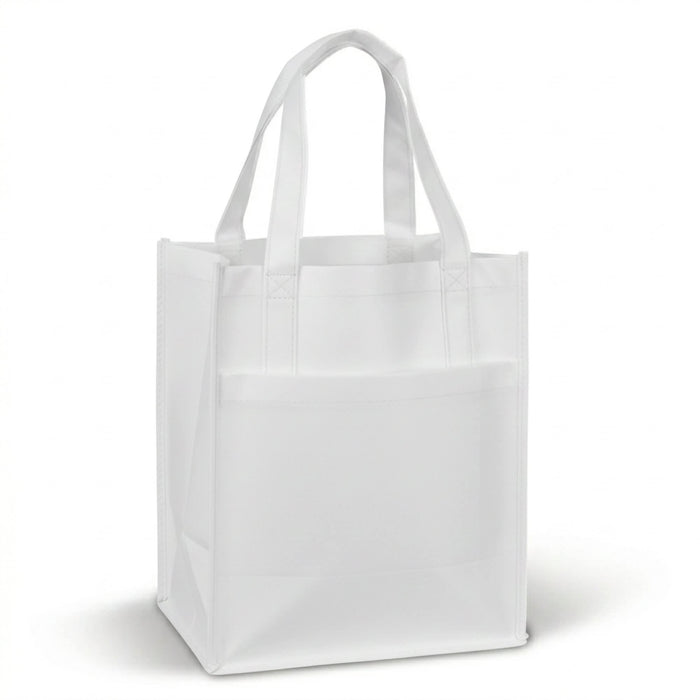Pocket Shopping Bag - A white reusable shopping bag with two handles and a front pocket, featuring a simple design.