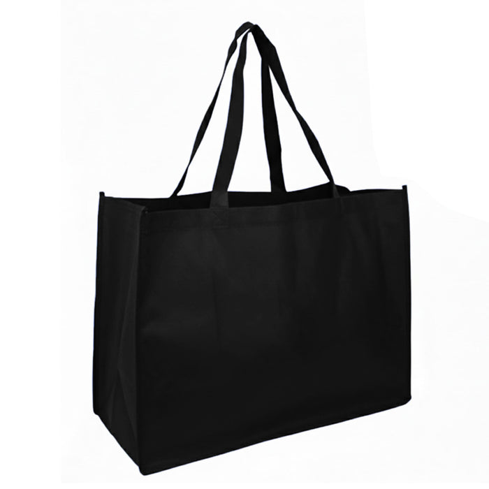 Jumbo Non Woven Shopper - A black reusable grocery bag with two handles and a spacious interior. It features a logo on the side.