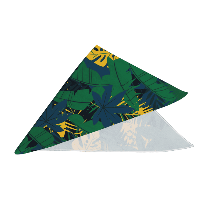Very Kool Cooling Bandana - A green and yellow patterned cooling bandana featuring tropical leaves and a logo.