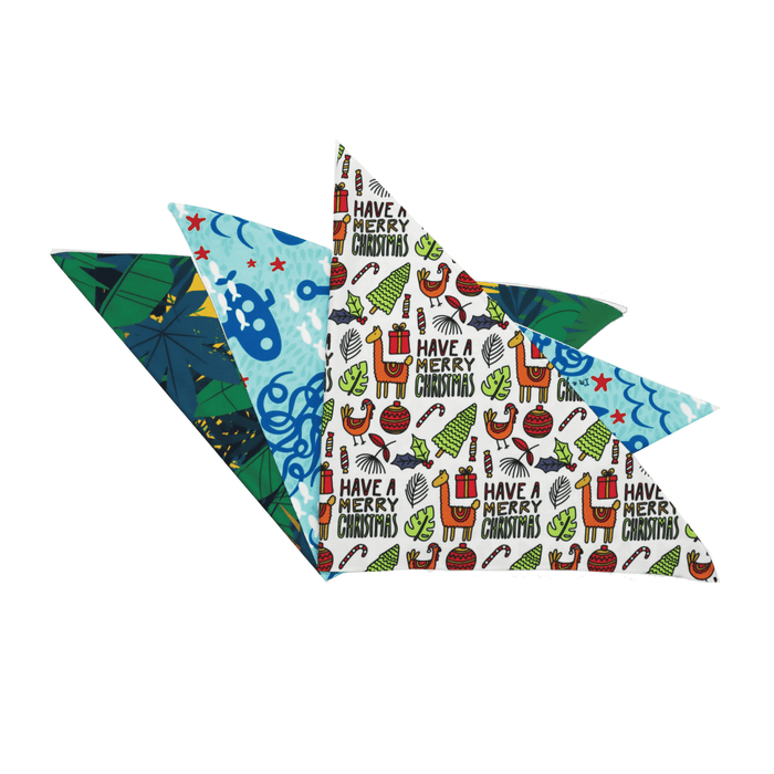 Very Kool Cooling Bandana - A set of fabric bandanas in various patterns and colours, featuring festive designs and vibrant prints. Each has a logo.