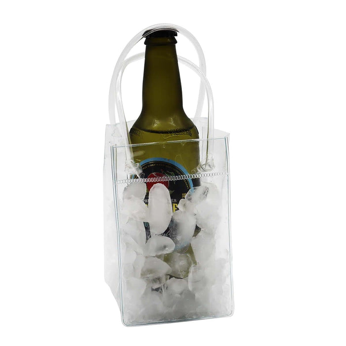Icy Bags - Small - A drink bottle is nestled in an ice-filled transparent cooler bag with handles.