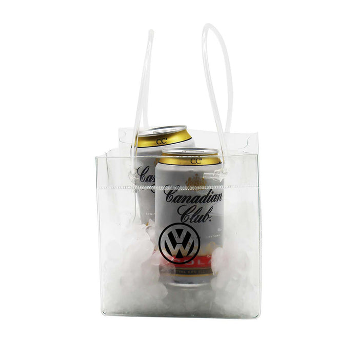 Icy Bags - Large - A transparent cooler bag holding two cans of Canadian Club, filled with ice, featuring a logo on the front.