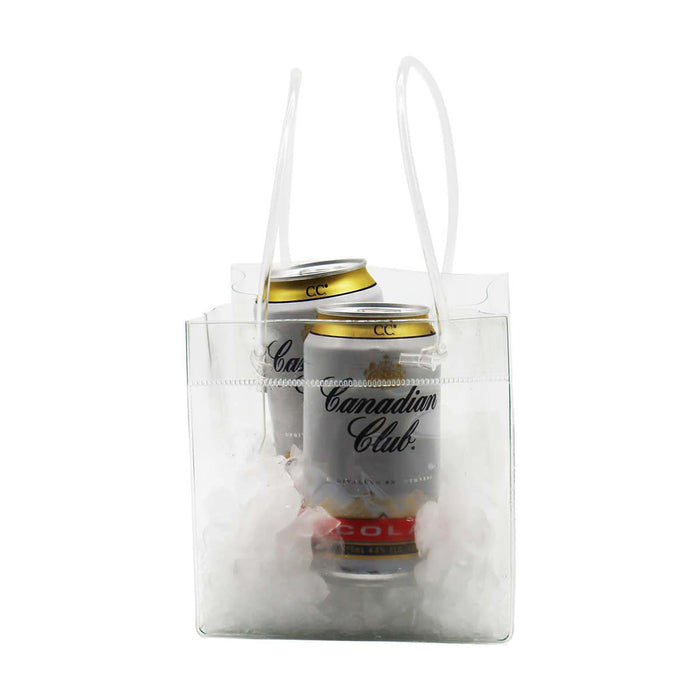 Icy Bags - Large - A clear cooler bag holds two cans, surrounded by ice, with transparent handles for easy carrying.