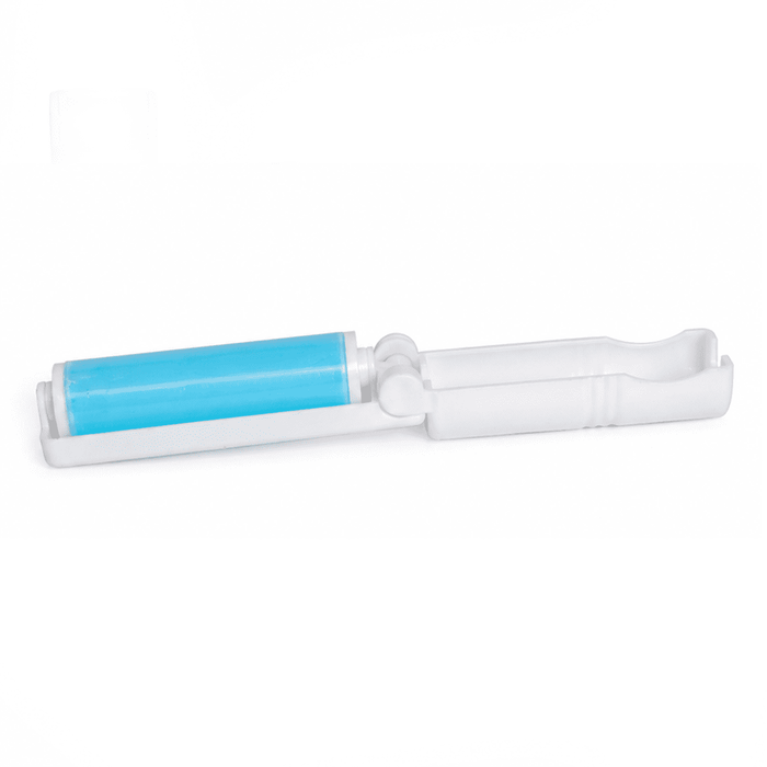 Stick n Roll Lint Remover - A lint remover with a white handle and a blue adhesive roller. It features a compact design and has a logo.