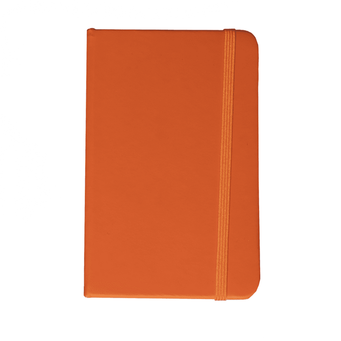 Minichroma A6 Notebook - An orange notebook with a textured cover and a matching elastic band. It features branding on the front.