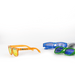 Summer Polarised Sunglasses - Brightly coloured sunglasses in orange, blue, and green, featuring a logo on one pair.