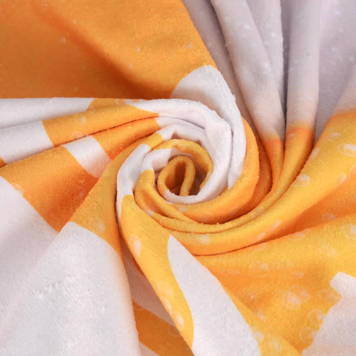 Bath Towel - A folded face washer featuring a vibrant orange and white design with textured patterns. It has branding.