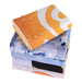 Bath Towel - A stack of five colourful face washers featuring various designs, including orange and blue patterns, with a logo.