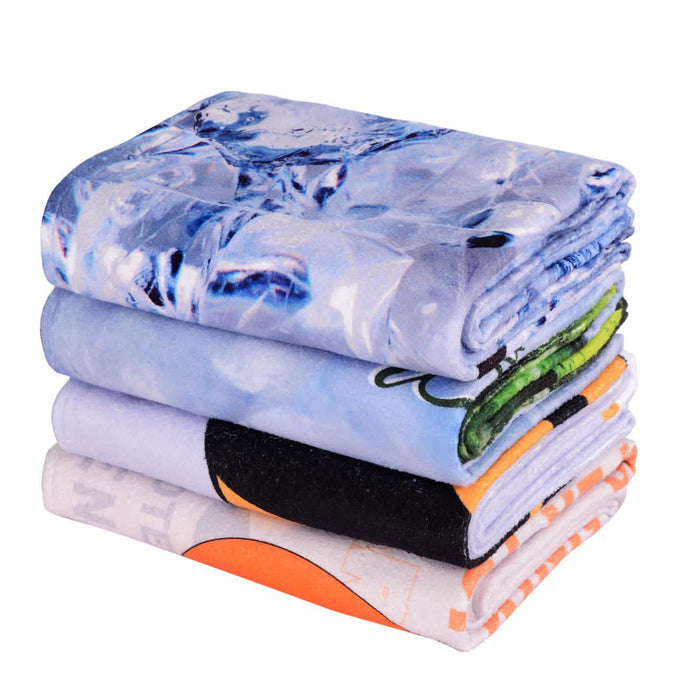 Bath Sheet - A stack of four face washers in various colours, featuring different patterns and a logo on one of the towels.