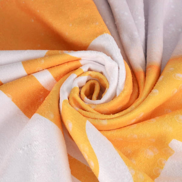 Bath Sheet - A soft face washer in orange and white, featuring a spiral design with a plush texture. It includes a logo.