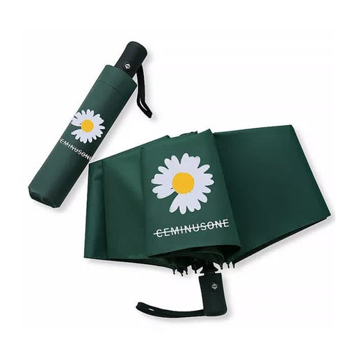 Full Colour Poppins Umbrella - A full colour green umbrella with a daisy design and a matching cylindrical case. It features a logo on the case.