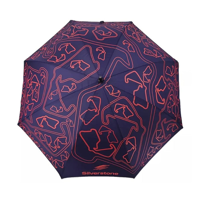 Full Colour Corporate Umbrella - A full-colour corporate umbrella in navy blue with a patterned design and a logo.