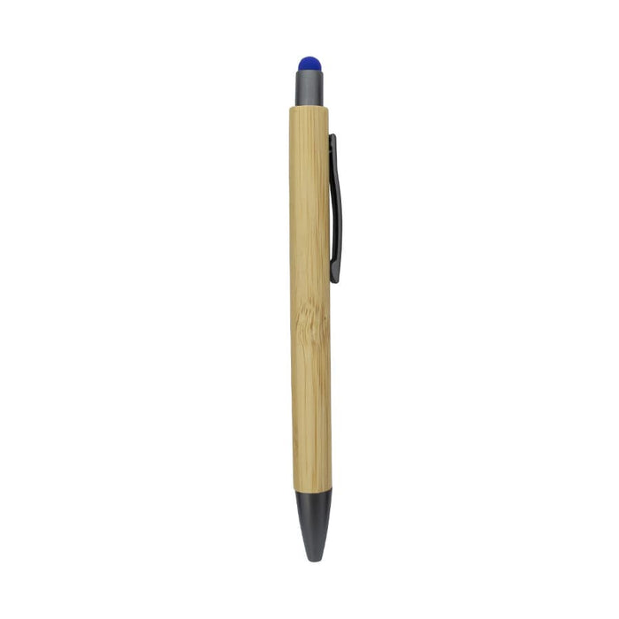 Manopoli Bamboo Pen - A bamboo pen with a blue stylus tip and a black end, featuring a simple clip for easy attachment.