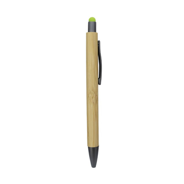 Manopoli Bamboo Pen - A bamboo pen featuring a green stylus tip and a black clip, with a sleek design and natural finish.