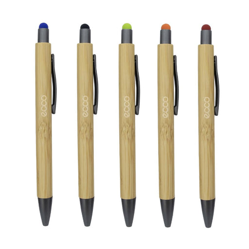 Manopoli Bamboo Pen - A set of five bamboo stylus pens featuring blue, green, orange, red, and black tips, each with a black grip and clip.