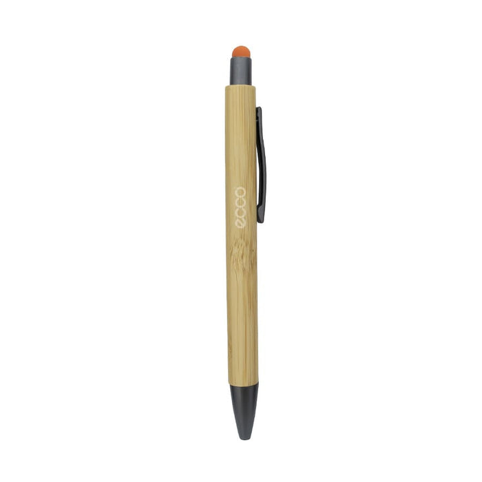Manopoli Bamboo Pen - A bamboo pen with an orange stylus tip and a black barrel. It features a clip and has a logo.