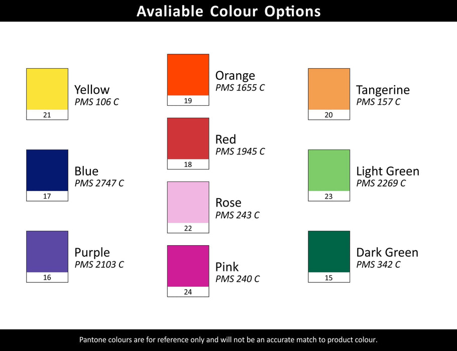 Argento Lacquer Pen - A colour chart displaying ten shades including yellow, orange, blue, red, and pink, with their Pantone references.