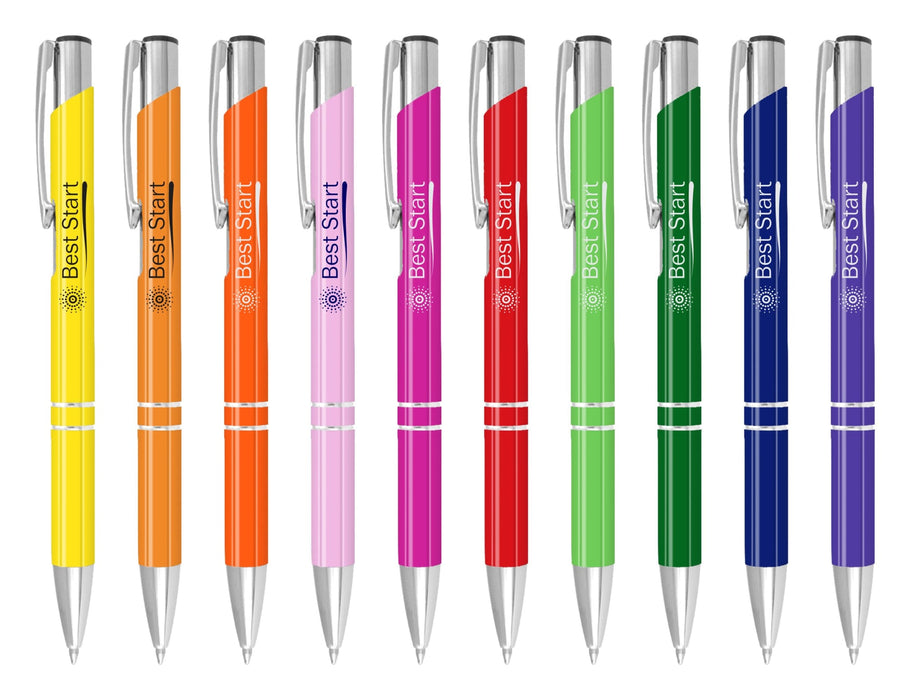 Argento Lacquer Pen - A collection of Argento lacquer pens in yellow, orange, pink, red, green, and blue, featuring silver accents and branding.