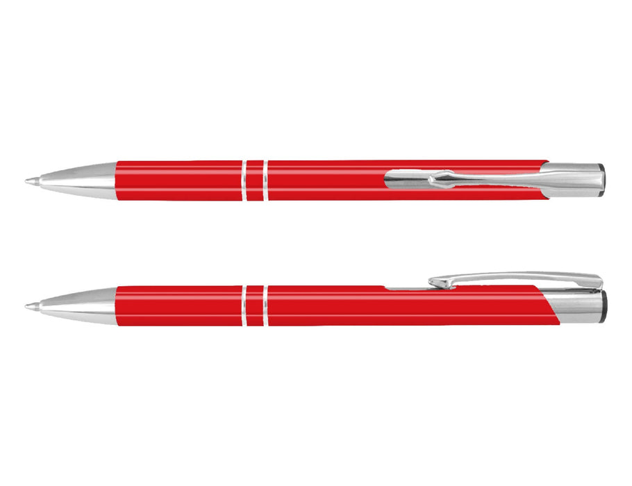 Argento Lacquer Pen - A red lacquer pen with silver accents and a clip, displayed from two angles.