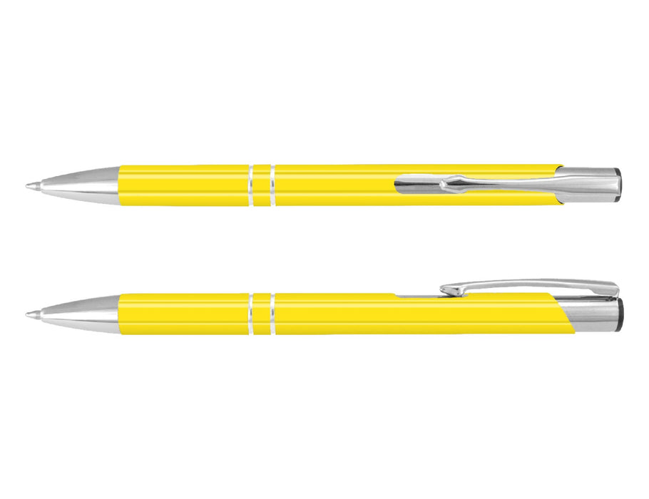 Argento Lacquer Pen - A yellow lacquer pen with silver accents, featuring a sleek design and a branding logo.