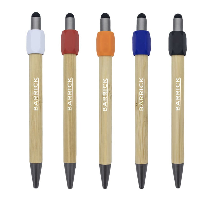 Harley Bamboo Spinner Pen - A set of five Harley Bamboo Spinner Pens featuring bamboo barrels with coloured rubber grips in white, orange, blue, and black.
