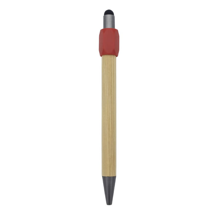 Harley Bamboo Spinner Pen - A bamboo pen with a red rubber grip and black tip. The pen features a sleek, natural finish.