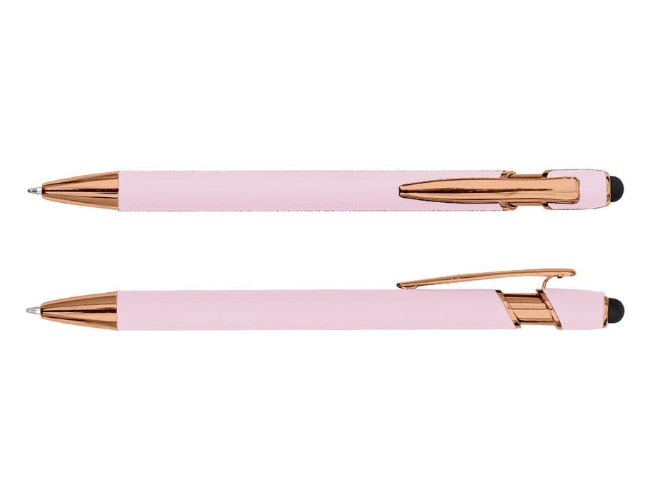 Colombo Rose Gold Stylus Pen - A rose gold stylus pen with a pink barrel, featuring a logo and a smooth writing tip.