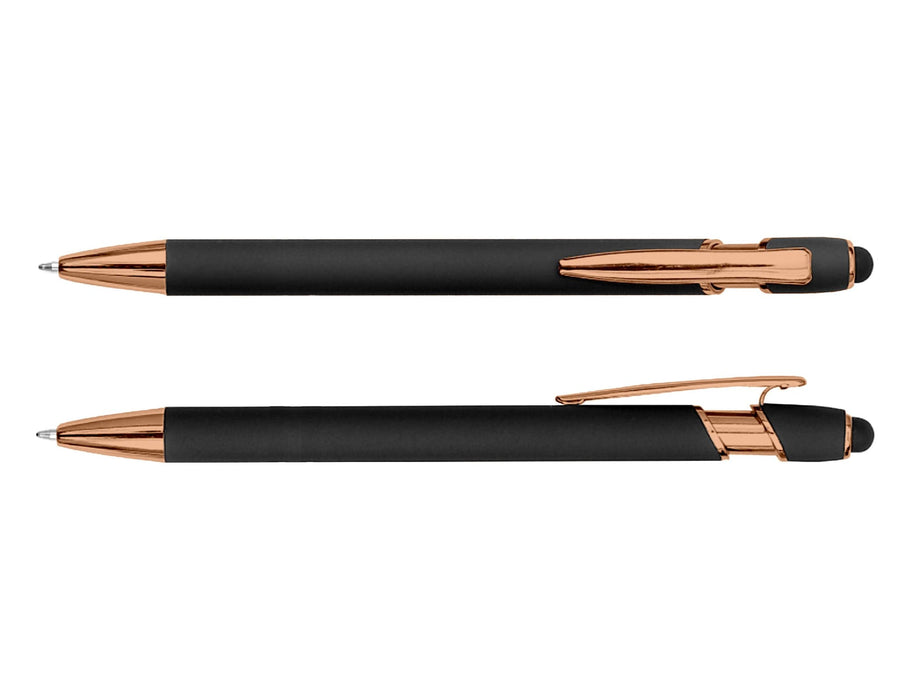 Colombo Rose Gold Stylus Pen - A sleek black stylus pen with rose gold accents, featuring a modern design and a branding logo.
